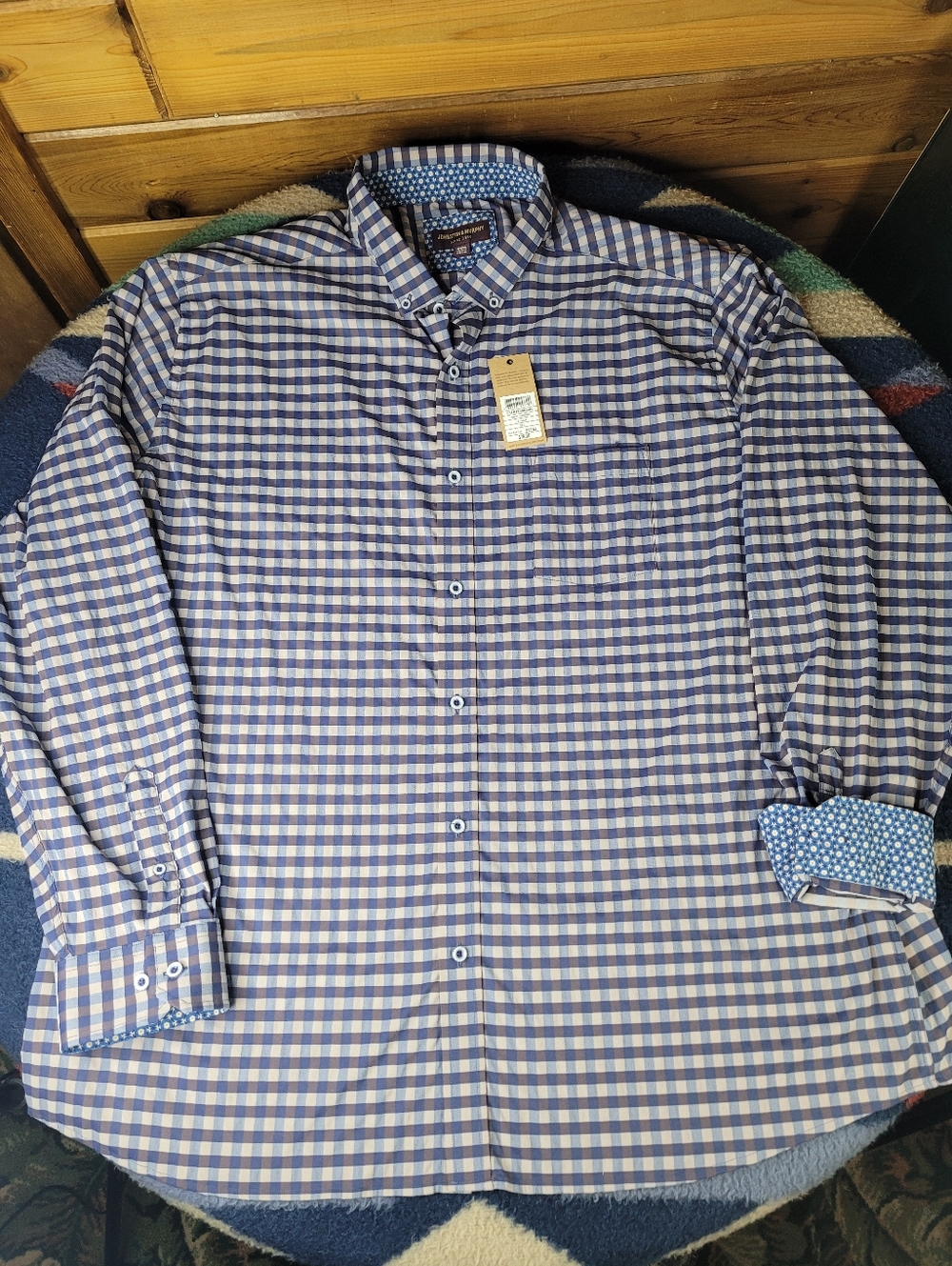 Johnston & Murphy Shirt Mens 3XL Blue Brown Gingham Check Long Sleeve Button New